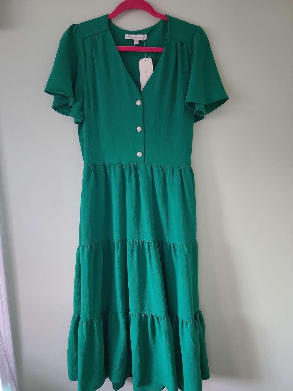 NWT Monteau Emerald Green Tiered V-Neck Maxi Dress with Buttons